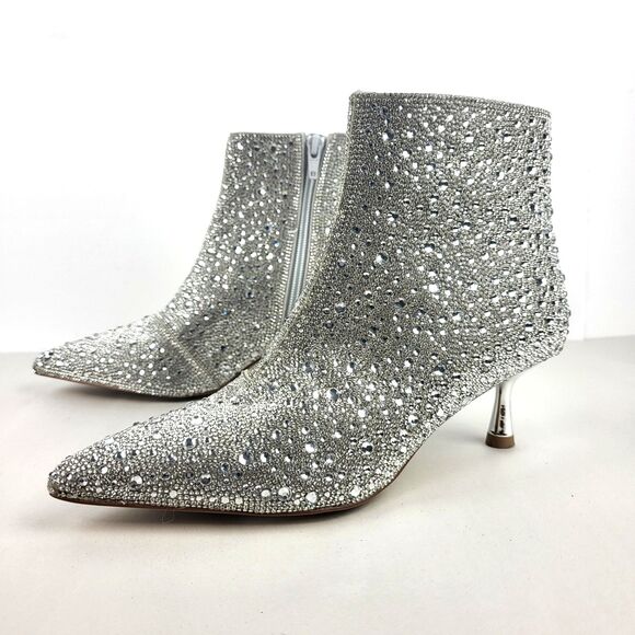 Abound Women  Ankle Boots Silver Rhinestone Sparkle Pointed Toe Party Heels 7M - Picture 1 of 15